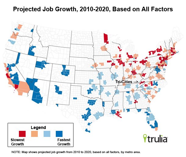 Tri-Cities VA-TN slowest growth.